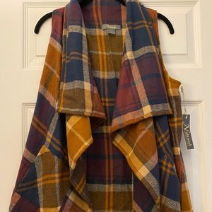 Plaid open drape front vest